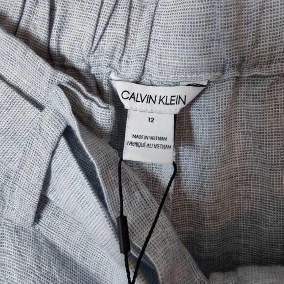 NWT Calvin Klein Women's Sz 12 Blue Grey Linen Blend Belted High Waist Shorts - Picture 2 of 7